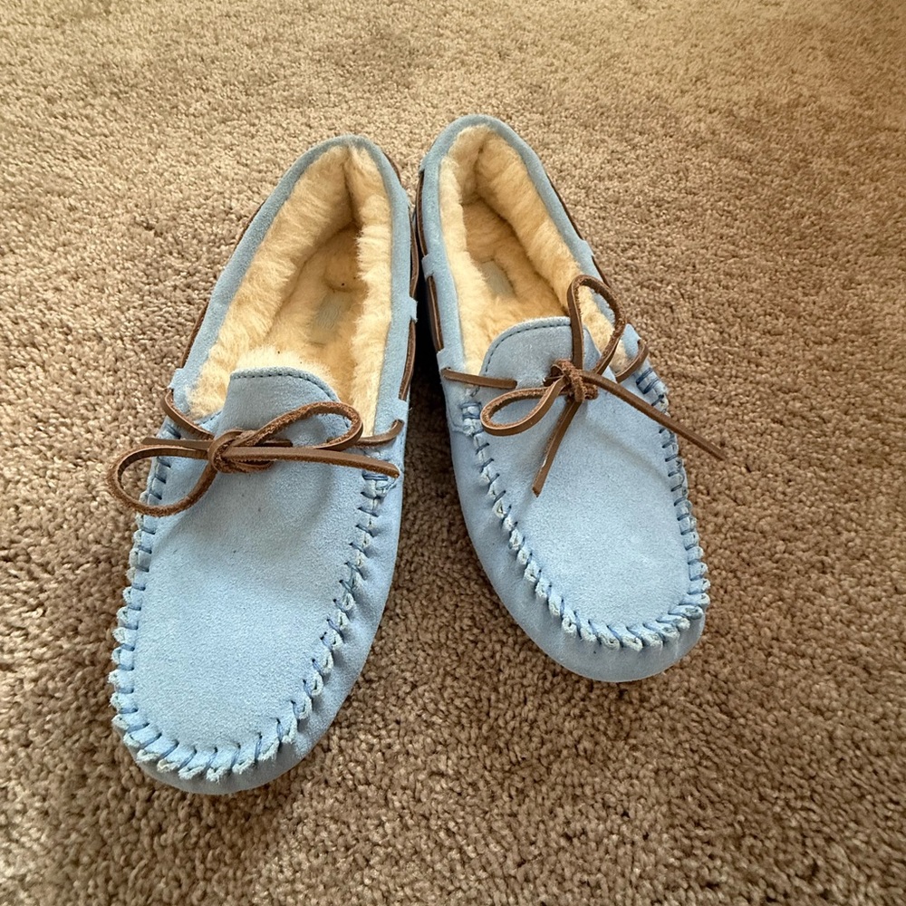 UGG Blue Suede Slippers with Tan Lining- New!